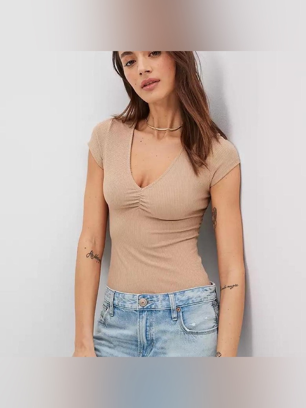 American Eagle Cinch-Front Ribbed V-Neck Cap Sleeve Bodysuit Size Small New